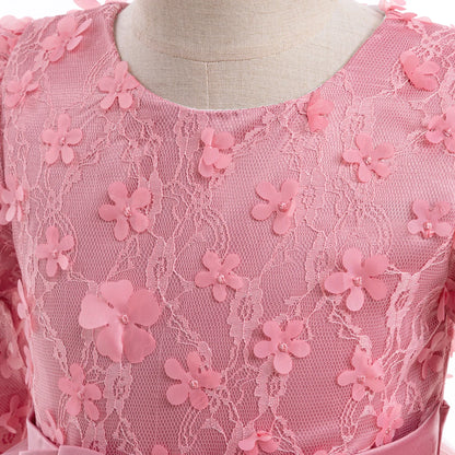 Long Sleeve Flower Bridesmaid Girls Dress Children Christmas Costume Lace Bow Princess Kids Dressees For Girl Party Wedding Gown