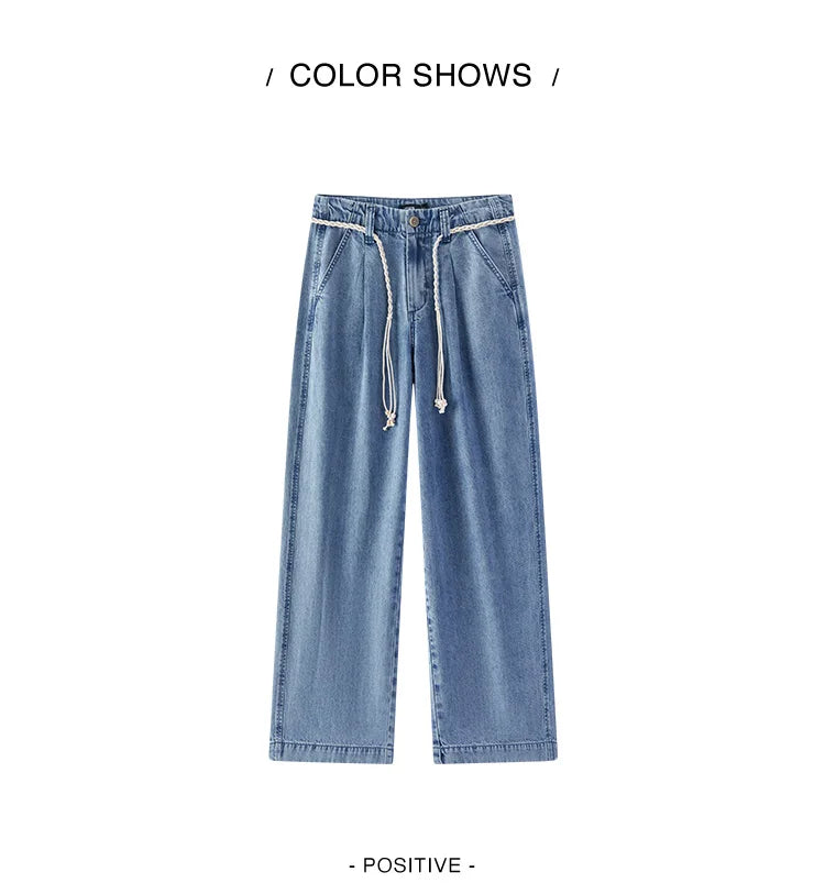 Women Jeans Soft Cool Belted Loose Wide Leg Denim Pants 2026 Summer Casual Daily