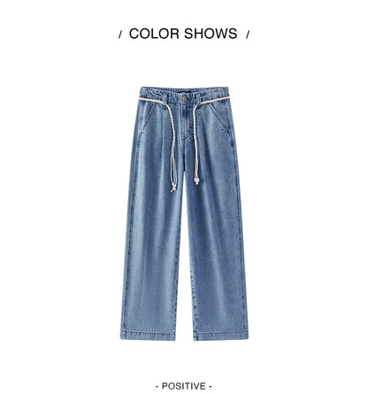 Women Jeans Soft Cool Belted Loose Wide Leg Denim Pants 2026 Summer Casual Daily