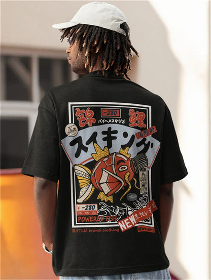 Hip Hop Streetwear Harajuku T-shirt Japanse Kanji Fish Print T-shirt 2024 Mannen Katoen Casual Korte Mouw T-shirt Japan Stijl