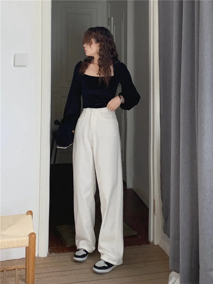 Korean Sle Simple Pure Color Wide Leg Jeans Pants for Women Summer Season Fall Collection Faion Ladies Premium Denim