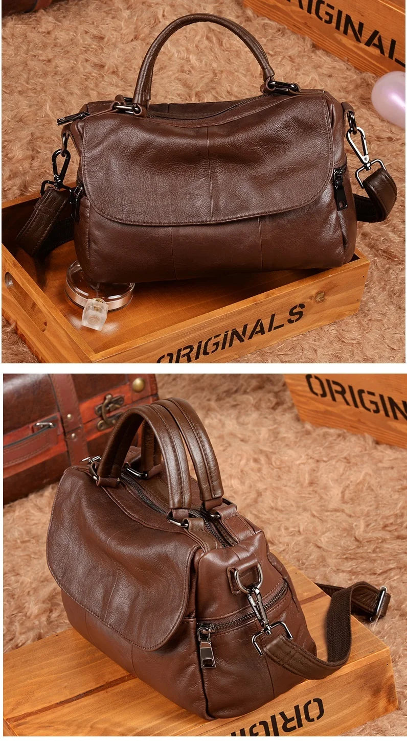 Women Natural Leather Handbags Female Bag High Quality Solid Color Zipper Shoulder Crossbody Bag Cowhide Tote Top-Handle Bags