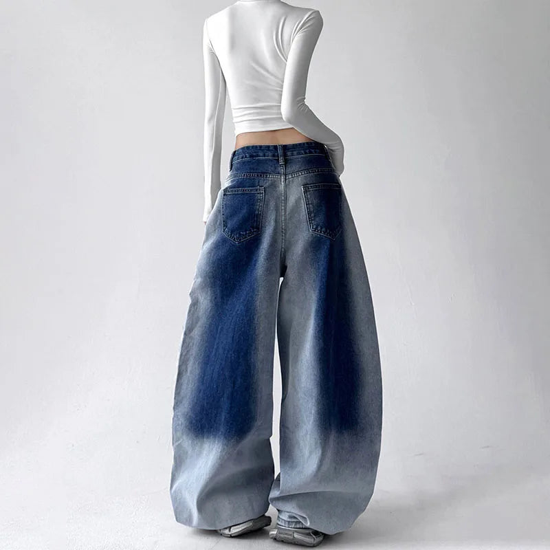 Korean Retro Gradient Jeans For Women Straight Leg Pants Wide Leg Casual Pants Blue Jeans Y2k Pants Baggy Without Pendant