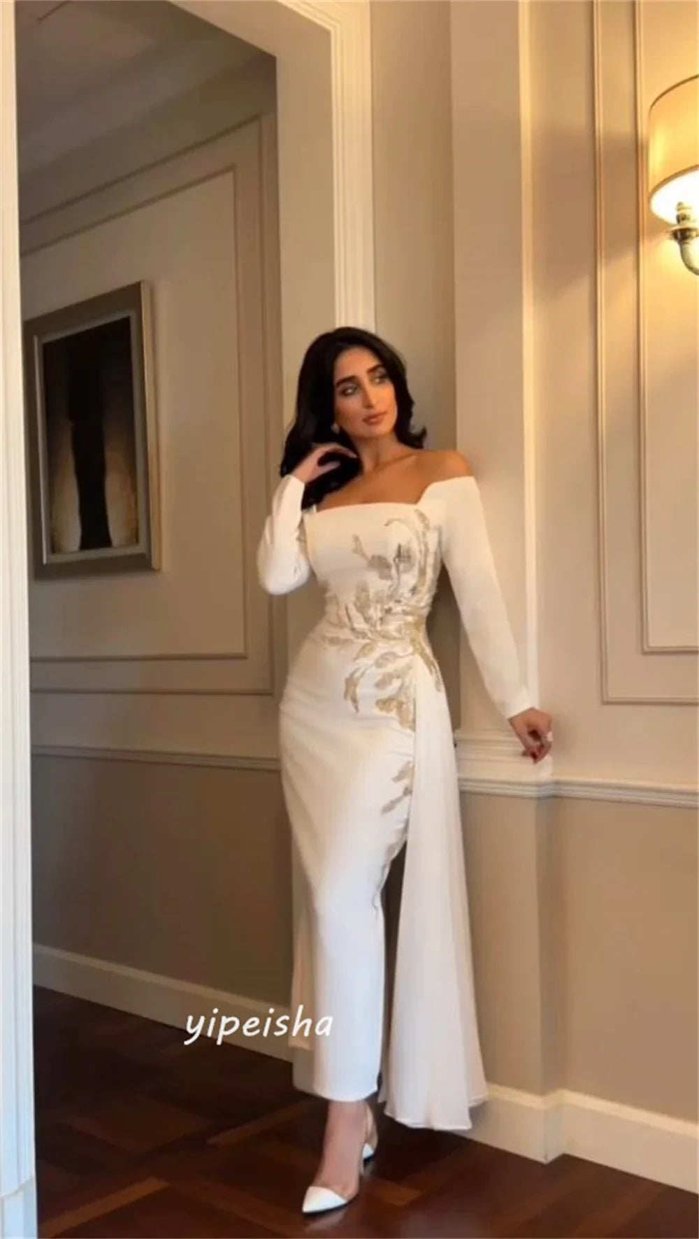 Customized Jiayigong High Quality  Jersey Beading Draped Valentine's Day Sheath Off-the-shoulder Bespoke Occasion Gown Midi Dres