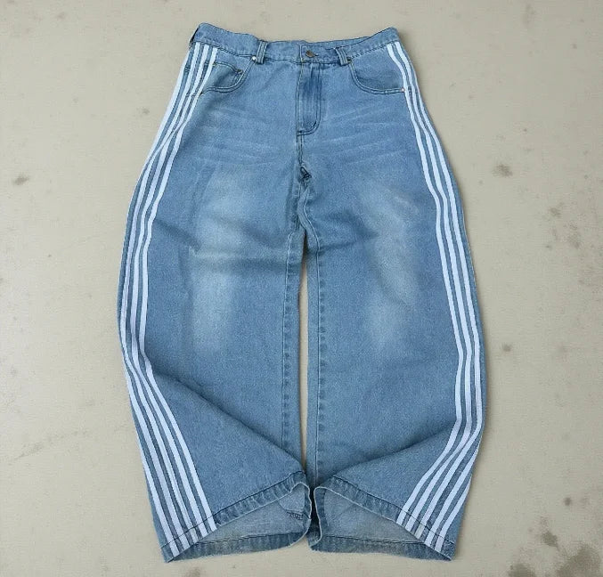 Y2K American Retro High Waisted Jeans Loose Wide Leg Pants Harajuku Style Street Striped Gothic Niche Design Casual Pants