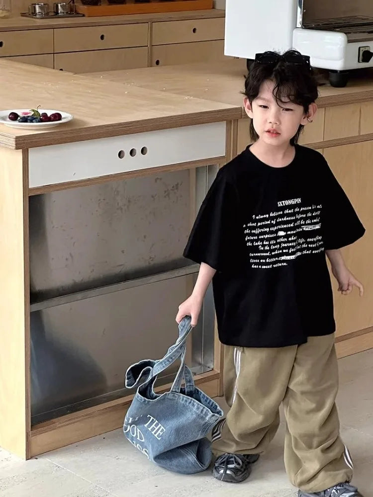 Boys' Korean Style 100% Cotton Short Sleeve T-Shirt Summer New Letter Print Casual Streetwear Cool