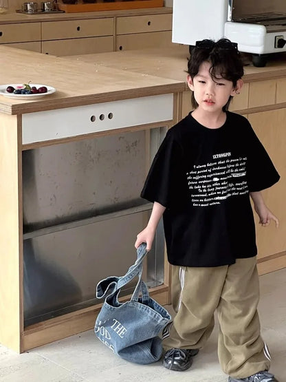 Boys' Korean Style 100% Cotton Short Sleeve T-Shirt Summer New Letter Print Casual Streetwear Cool