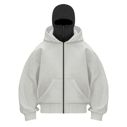 Balaclava Men Zip Hoodie Winter Warm Casual Sweatshirt Y2K with Hooded Face Mask Zipper Design Sports Jacket Outdoor Activities