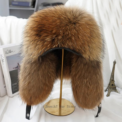 2026 Cap 100% Raccoon Dog Full Fur Fox Fur Hat Men's Fur Ear Protection Winter Thickened and Warm Russian Hat Men's Trend