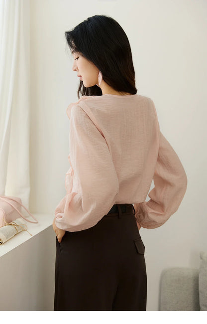 Pink Ruffled Blouse for Woman 2025 Autumn New Elegant Sweet V-neck Lace-up Design Shirt Lantern Sleeves Top MXE49X2504