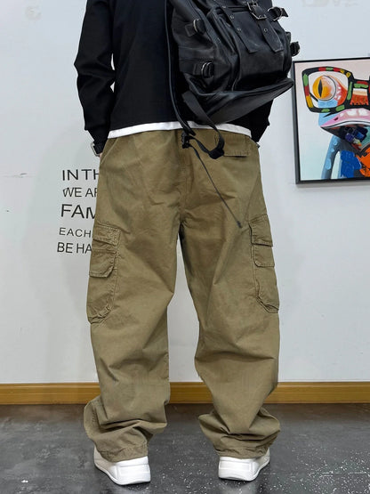 American Premium Cargo Pants Mens Pleated Baggy Multi Pocket Streetwear Oversized Straight Leg Casual Spring Fall Trendy Male