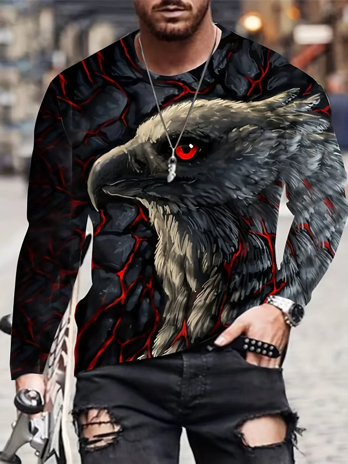 Men's Eagle Printed Long Sleeve Round Neck Retro Novelty T Shirt Autumn Fashion Large Size Long Sleeve Men's Shirt Clothing