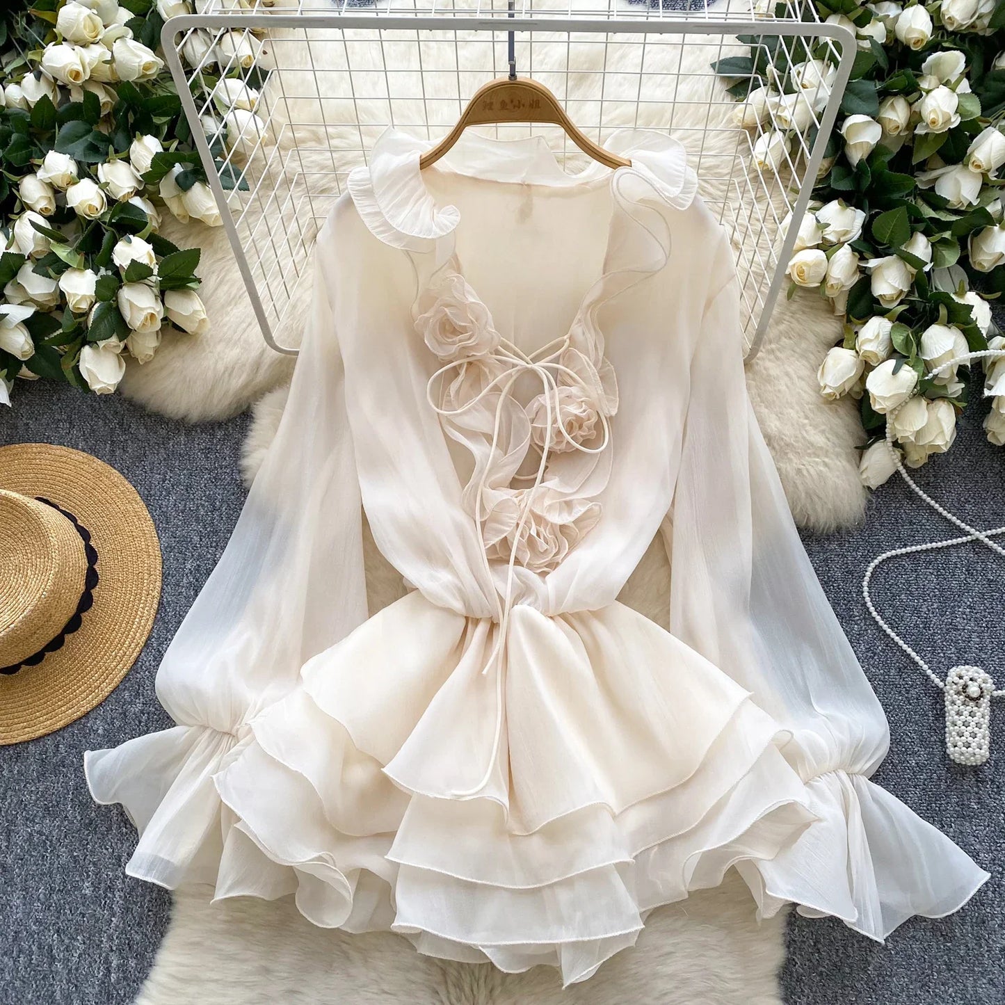 3D Floral Beach Short Dress Female Long Sleeves Lace Up Ruffle Chiffon Cake Sundress Sheer Sexy Vintage Bohemian Dress
