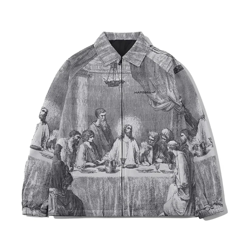 Autumn Men Jacket Oversized Painting Printing Couples Thin Casual Jackets Male Female Silk Vintage Clothing Man Coats Outerwear