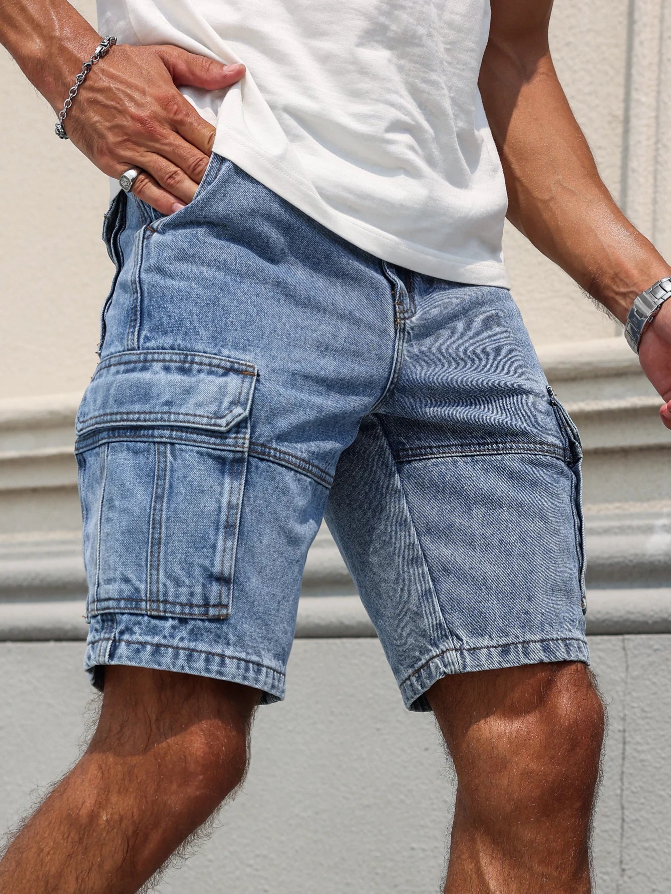 Men's Summer Blue Regular Denim Shorts. Multi-Pocket Design. Stylish and Casual.