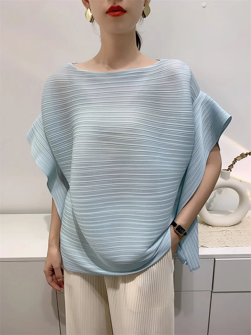 2025 Summer T-shirt Miyake Comfortable Casual Loose Pleated Top Women Short Sleeve Slim Commuter Office Clothes Wrinkle-Free