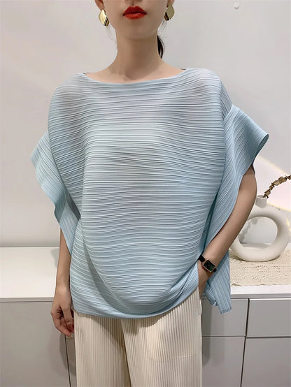 2025 Summer T-shirt Miyake Comfortable Casual Loose Pleated Top Women Short Sleeve Slim Commuter Office Clothes Wrinkle-Free