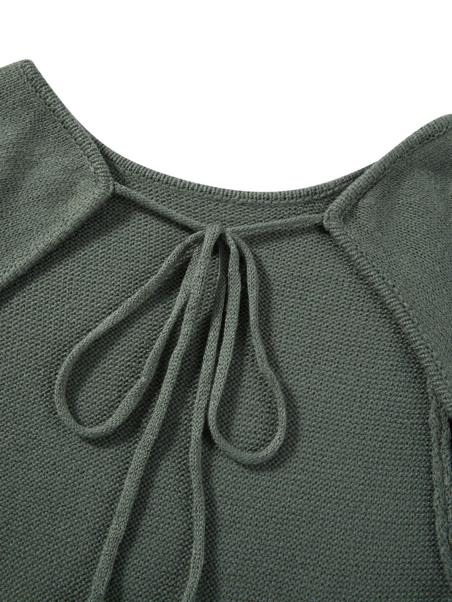 Women's Autumn Winter Knitted Bodycon Dress Long Sleeve Tie Backless Round Neck Solid Color Ruffle Trim Long Dress Beachwear