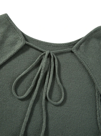 Women's Autumn Winter Knitted Bodycon Dress Long Sleeve Tie Backless Round Neck Solid Color Ruffle Trim Long Dress Beachwear