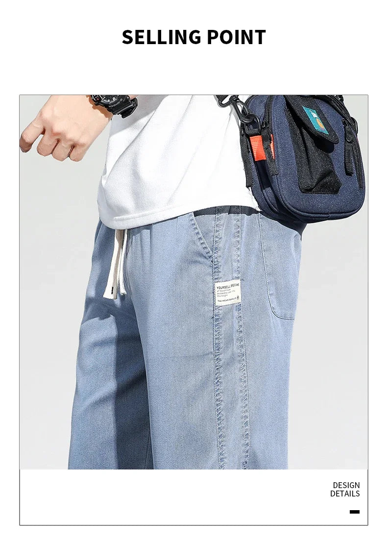 Summer Thin Loose Wide-leg Men Jeans Soft Lyocell Elastic Fashion Casual Straight Drawstring Denim Trousers Black Blue Gray