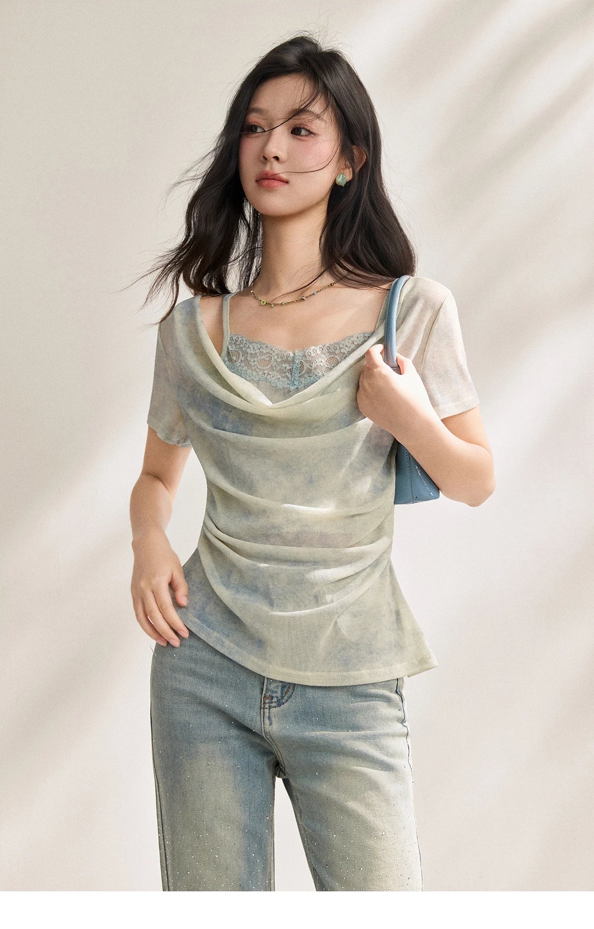 Blue Tie Dye T-Shirt For Women 2026 Summer New Swing Collar Lace Pleated Slimming Breathable French Style Top MXF22T1617