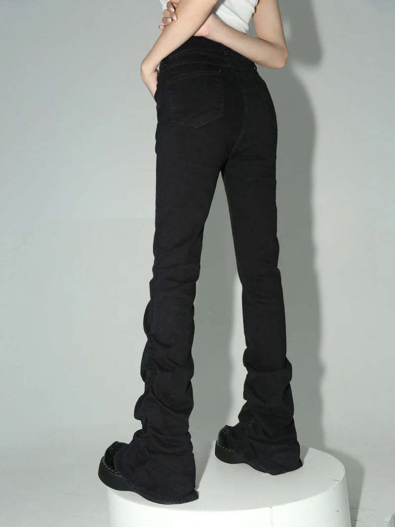 Stacked Flare Jeans Women Black Trousers Goth Retro Solid Stretch High Rise Boot Cut Pants Japanese Korean Y2k Fashion