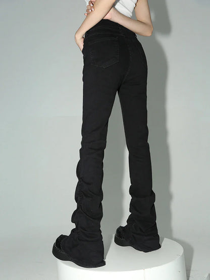 Stacked Flare Jeans Women Black Trousers Goth Retro Solid Stretch High Rise Boot Cut Pants Japanese Korean Y2k Fashion