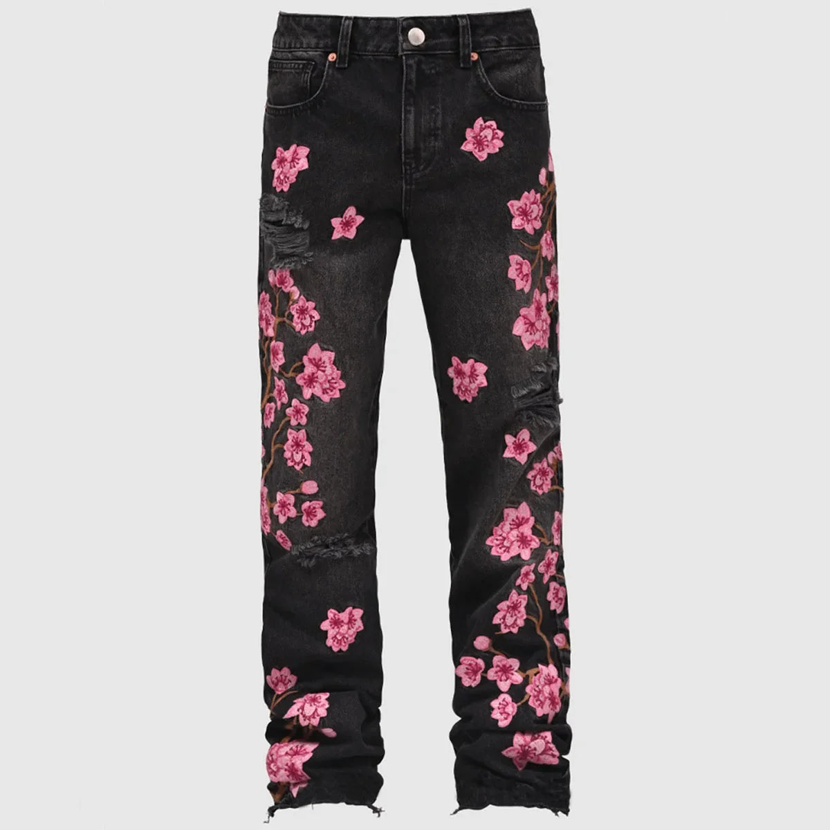 Men Jeans Print Straight Pants Men Denim Jean Button Pockets Pants Streetwear High Street Mid Waist Hole Spliced Spring Summer