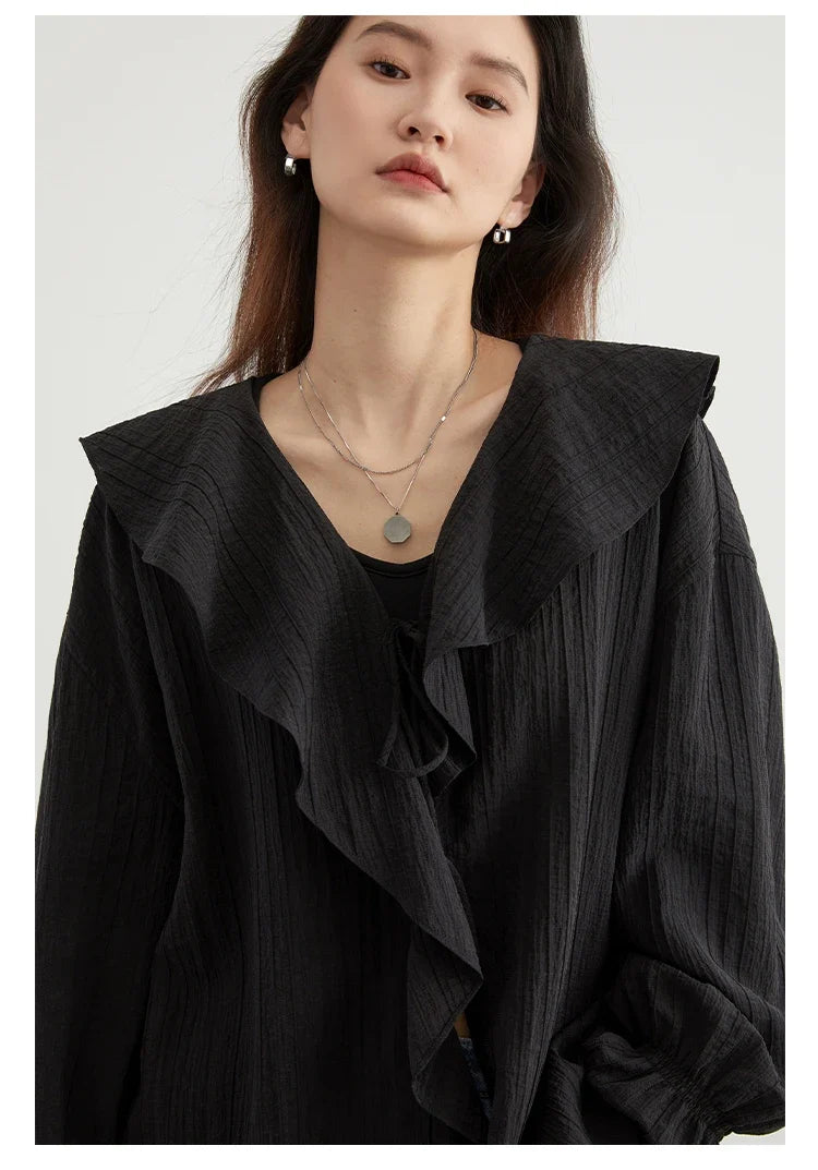 Women Shirt Loose Casual Ruffled Edges Female Blouses Solid V Neck Lace Up Mid Length Ladies Shirts Spring Summer 2026
