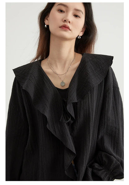 Women Shirt Loose Casual Ruffled Edges Female Blouses Solid V Neck Lace Up Mid Length Ladies Shirts Spring Summer 2026