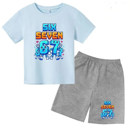 Boys Girls 3-12Y Summer Fashion Outfit 67 Number Cartoon Print T-shirt and Shorts Casual Two-Piece Clothing Set