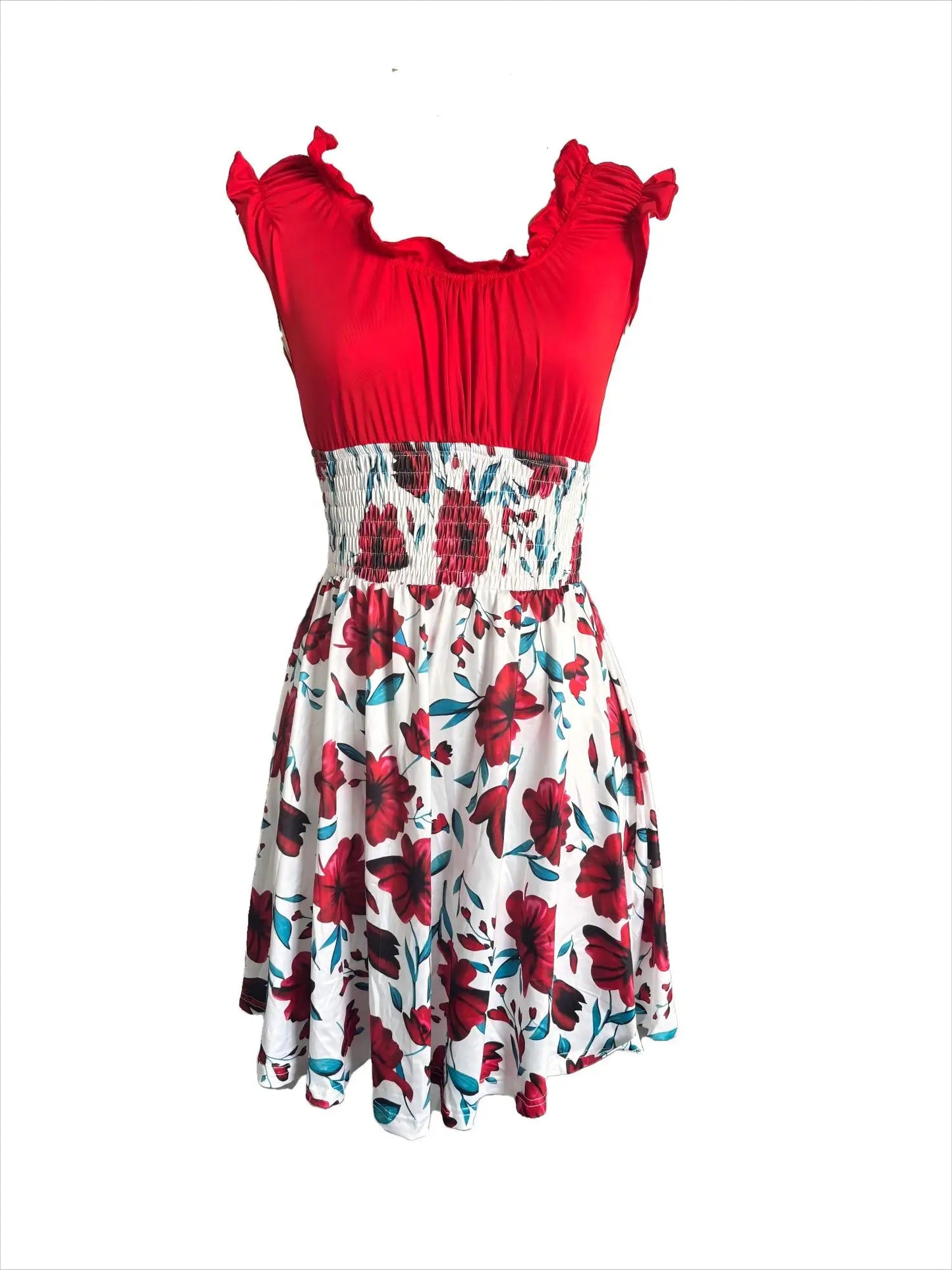 Summer new V-neck slim fit elastic waist women's dress with floral patchwork design, suitable for beach vacations