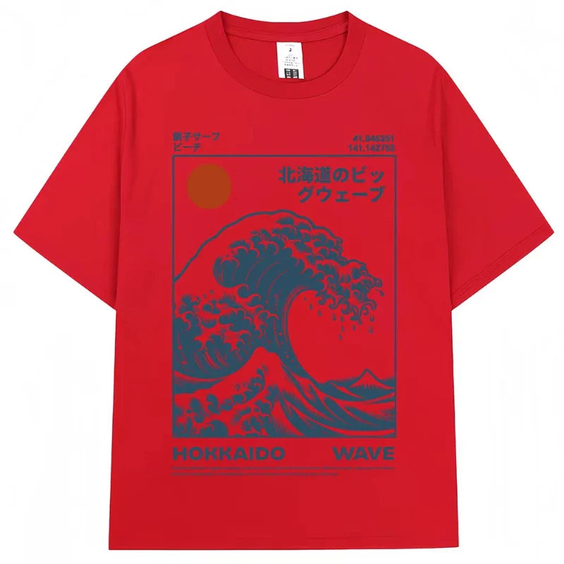 Japanese Style Hokkaido Wave Vintage T-shirt Men Women Harajuku Fashion High Quality T Shirts Oversized Cotton Summer Tee Shirt