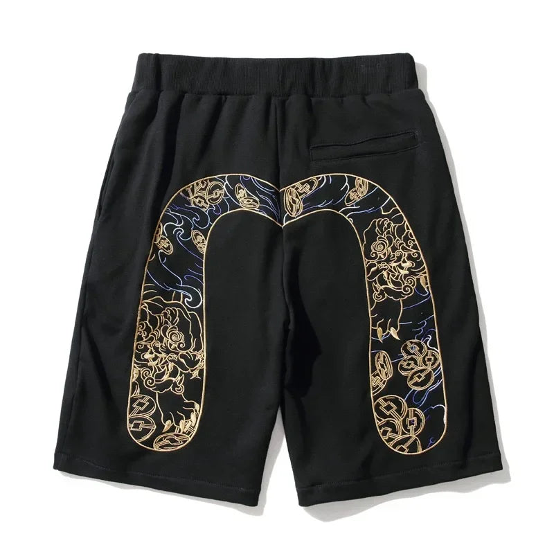Men Embroidery Denim Shorts Black Hiphop Jeans Pants Cherry Blossom Dragon Totem Washed Zipper Cotton Summer cherry blossoms 024