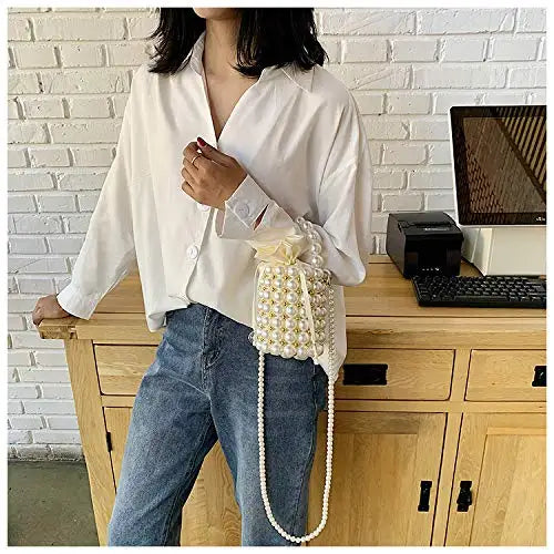 Women's Luxury Pearl Handbag Elegant Handmade Pearl Bucket Bag Detachable pearl chain shoulder Bag Dinner Party Evening Gown Bag