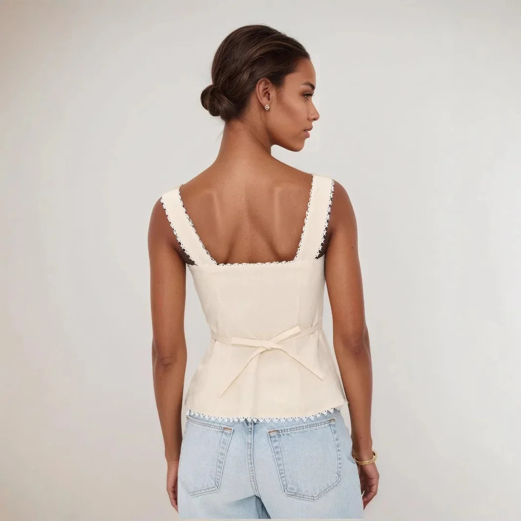 High Quality Hot Sale Wholesale Women's French Cotton Linen Lace Splicing Fashionable Buckle Suspender Solid Sleeveless Vest Top