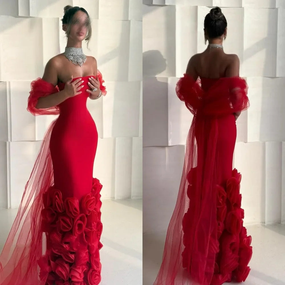 Customized High Quality Intricate Jersey Handmade Flower Pleat Column Off-the-shoulder Long Dresses Bespoke Occasion Dresses