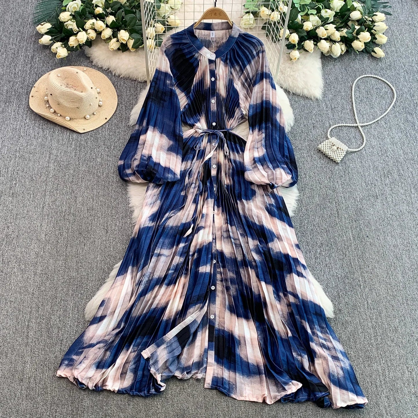 Ele Printed round Ne Lantern Sve Dr Women's Single Button Waist Cinch Maxi Skirt Long Dr Commute Sle Autumn