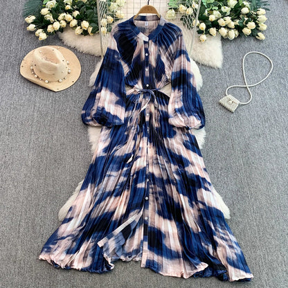 Ele Printed round Ne Lantern Sve Dr Women's Single Button Waist Cinch Maxi Skirt Long Dr Commute Sle Autumn