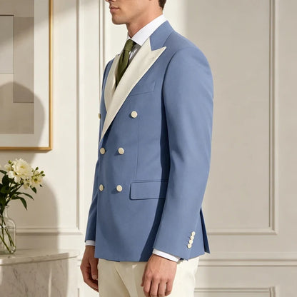 Classic Men's Tuxedo Jacket White Peak Lapel Patched Double Breasted Slim Fit Blazer for Business Formal Wedding Groom Prom Coat