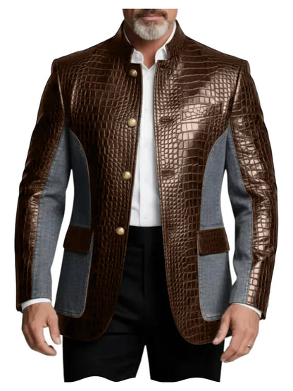 Men's Crocodile Embossed Leather Brown Jacket Patchwork Denim Stand Collar Slim Fit Luxury PU Blazer For Business Casual Party