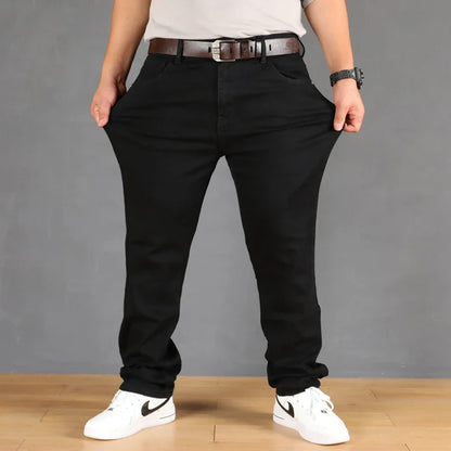 Plus Size Men's Solid Barrel Denim Pants For Spring Fall Casual Black Trendy Jeans For Men