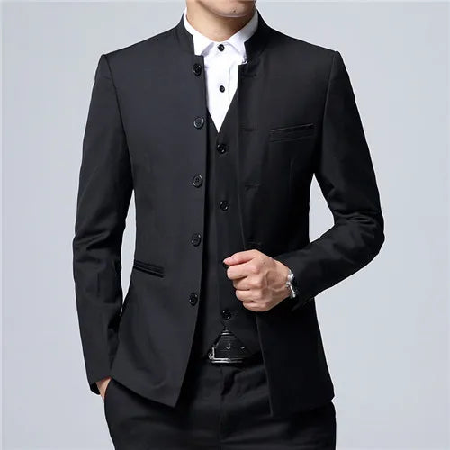 Black Stand Collar Men's 3-Piece, Wedding Party Blazer Jacket and Vest with Pants, Blue Asian Size Slim Fit Sets.