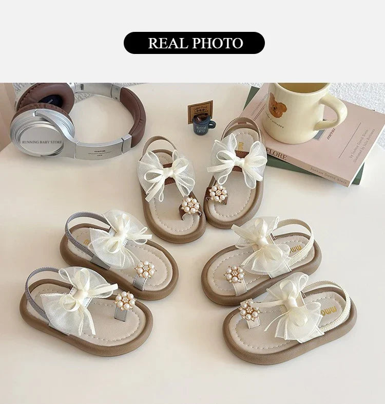 Brand Designer Ribbons Sandals for Girls Beaded Flip Flop Evening Party Dress Shoes Tulle Bow-tie Child Shoes Girl Sandal I06034