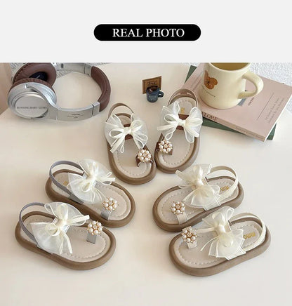 Brand Designer Ribbons Sandals for Girls Beaded Flip Flop Evening Party Dress Shoes Tulle Bow-tie Child Shoes Girl Sandal I06034