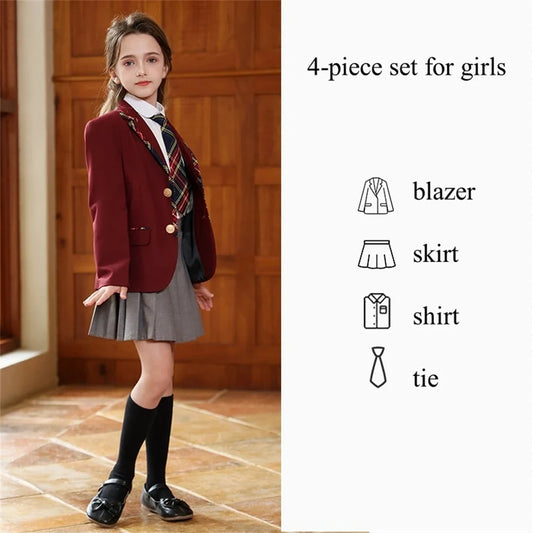Burgundy Exquisite School Uniform 4 Pieces For Girls And Boys Daily Life Comfortable Kids Performance Suit Set On Sale