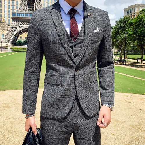 Coffee Brown Men Striped Plaid 3-Piece, Dark Blue Wedding Party Slim Fit Blazers Jacket and Vest with Pants, Asian Size M-5XL