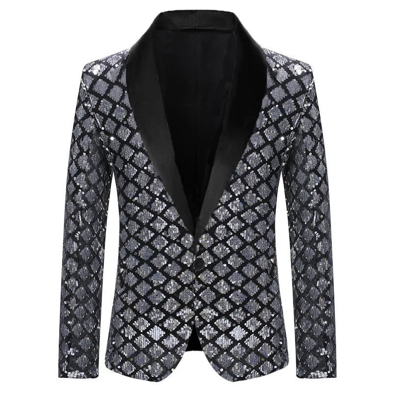 2026 Gold Men's Black Collar Suit Jacket, Glitter Sequin Decoration Wedding Party Dress Coat Black Silver Fashion Blazers.