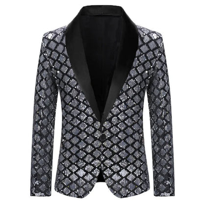2026 Gold Men's Black Collar Suit Jacket, Glitter Sequin Decoration Wedding Party Dress Coat Black Silver Fashion Blazers.