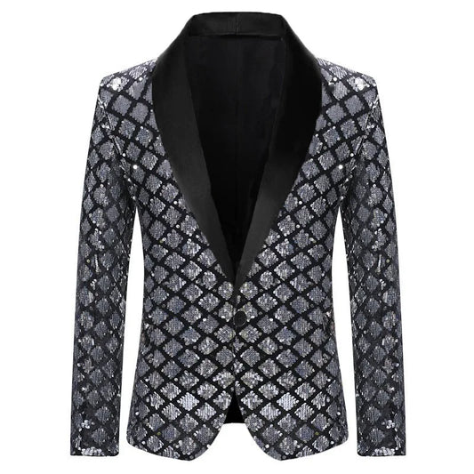Men's Gold Suit Jacket, Wedding Party Dress Coat, Silver Blue Black Round Metallic Sequin Decoration Blazers.